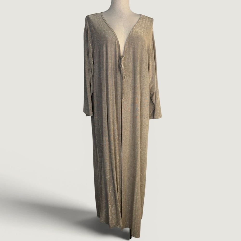 Metallic Gold Duster Cardigan Plus‎ Size 3X Open Long Knit Tie Ashley Stewart